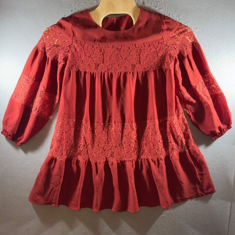 1589 | Boho Lace Tiered Romantic Babydoll Tunic Top Rust Peasant Womens Medium‎